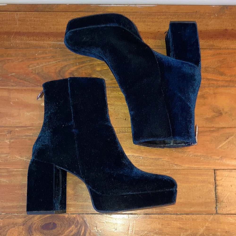 Zara Blue Velvet Platform Ankle Boots